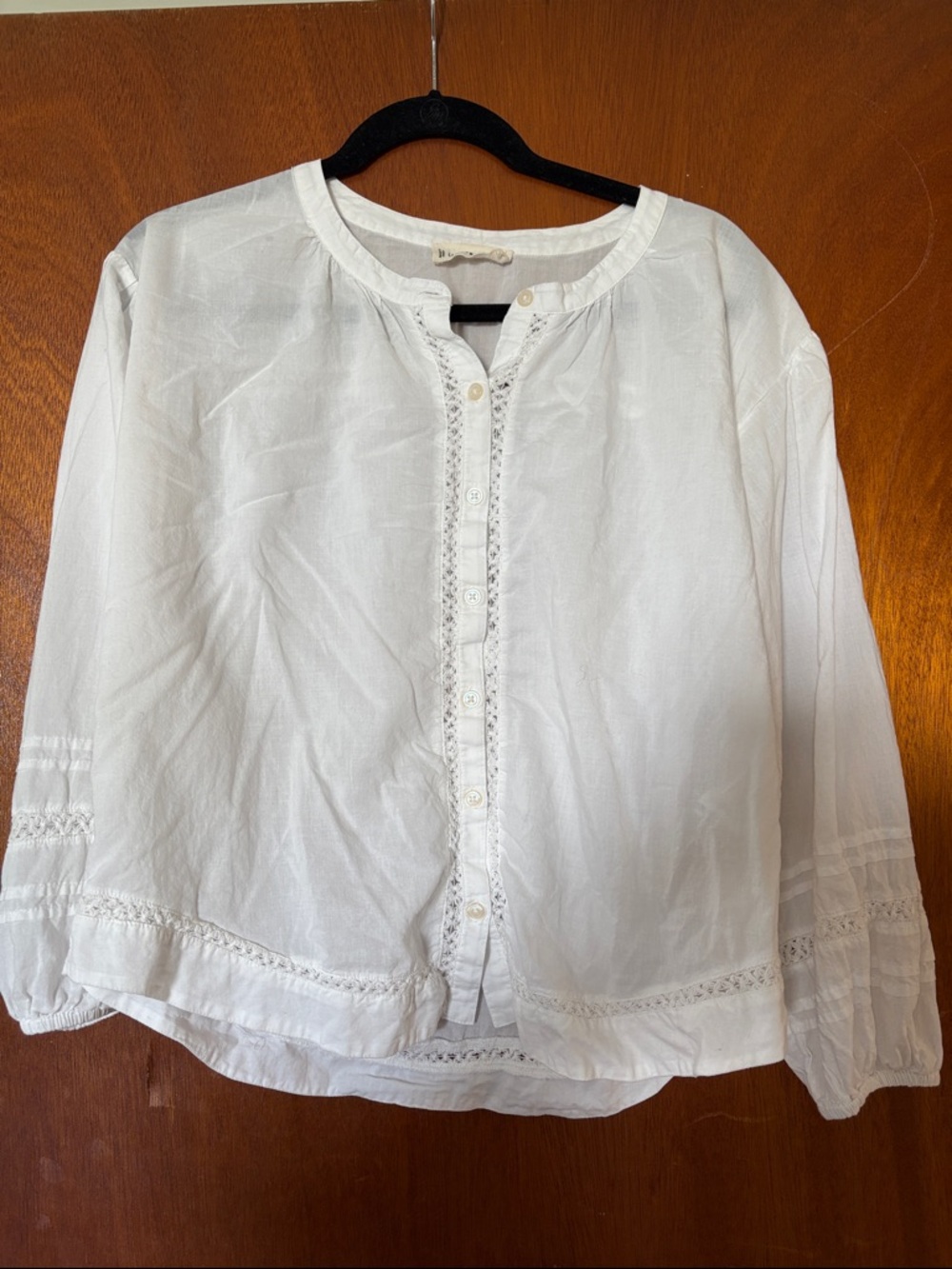 Lucky Brand White Button-Front Lace Trim Blouse